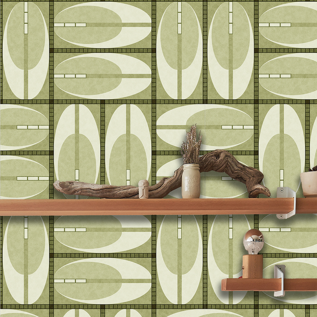 The artwork features a repeating geometric pattern of symmetrical shapes resembling elongated, curved diamonds or petals in various shades of blue and green. Each shape is split vertically with one half filled with a light blue and the other half filled with green or darker blue. The background is a light, almost pastel blue, which provides a soft yet vibrant backdrop. One of the blue shapes near the upper left contains a white starburst element, adding a focal point of brightness to the composition. The overall design conveys a modern, mid-century aesthetic with clean lines and harmonious color contrasts.